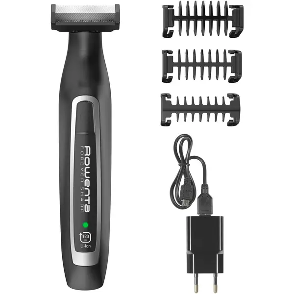 Aparat hibrid de tuns, conturat si barbierit Rowenta Forever Sharp TN6000F5, autonomie 120 minute, wet & dry, lame inox cu tehnologie de autoascutire, 3 piepteni, 0.4-5 mm, negru