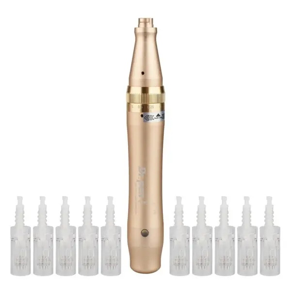 Aparat masaj facial, Dermapen, 10 capete rezerva cu 12 ace din titan, Dr.Pen Ultima M5-W, Wireless, Roz/Auriu