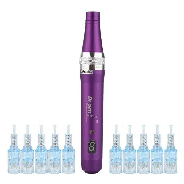 Aparat masaj facial, Dermapen, 10 capete rezerva cu 12 ace din titan, Dr.Pen Ultima X5-W, Wireless, Mov