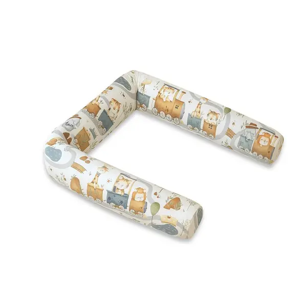 Aparatoare pentru patut, MimiNu, Tip rulou, Cu husa detasabila, Lungime 180 cm, Din bumbac certificat Oeko Tex Standard 100, Design, Zoo in train