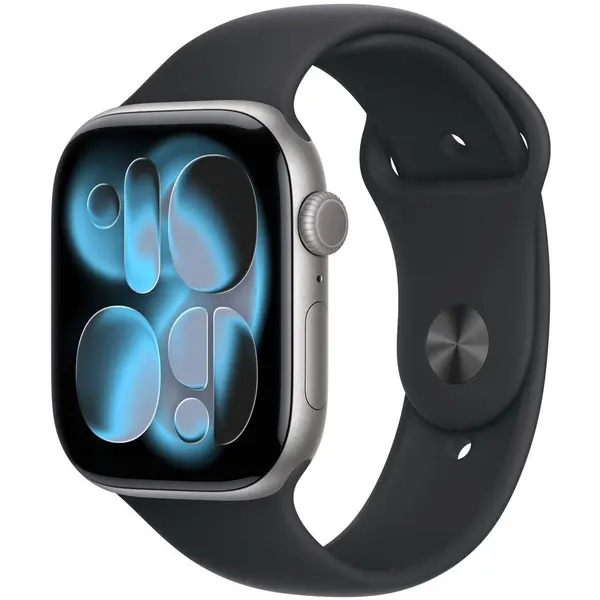 Apple Ceas inteligent Apple Series 11, GPS, 46mm, Carcasa din aluminiu gri spatial, Curea sport neagra, Masura M/L