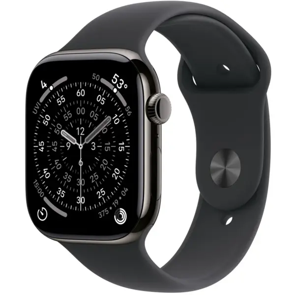 Apple Smartwatch Apple Watch 11, GPS + Cellular, 46mm, Ecran Retina LTPO OLED, Chip S10 cu Procesor Dual-Core, 64GB Flash, Wi-Fi, Bluetooth, Carcasa Titan, Curea Sport Band S/M (Negru)