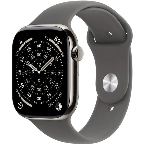 Apple Watch Series 11, GPS + Cellular, 42mm, Natural Titanium Case, Stone Grey Sport Band, S/M
