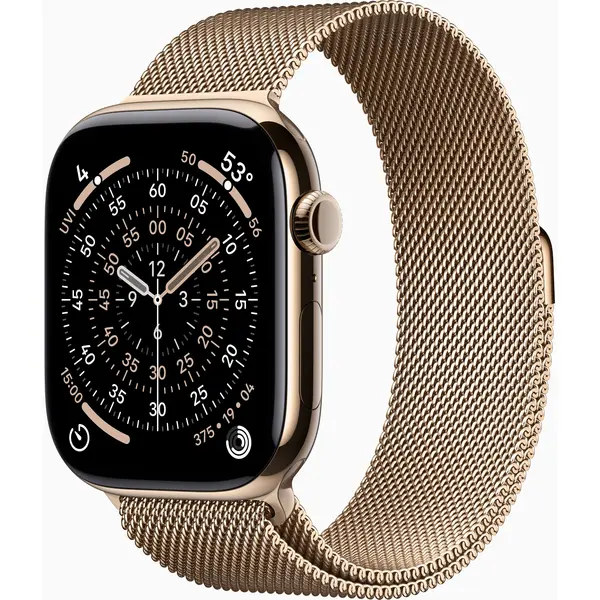 Apple Watch Series 11, GPS + Cellular, 46mm, Gold Titanium Case, Gold Milanese Loop, S/M