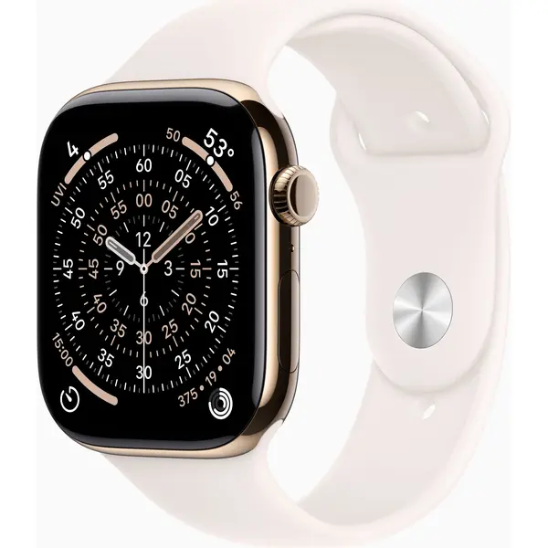 Apple Watch Series 11, GPS + Cellular, 46mm, Gold Titanium Case, Light Blush Sport Band, S/M