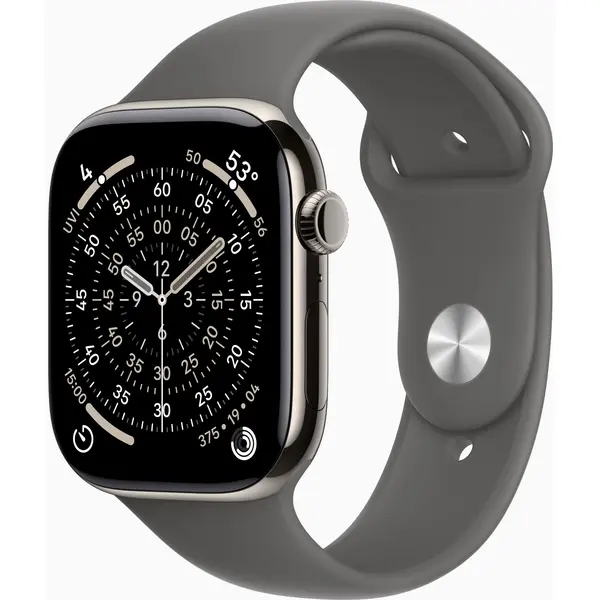 Apple Watch Series 11, GPS + Cellular, 46mm, Natural Titanium Case, Stone Grey Sport Band, S/M