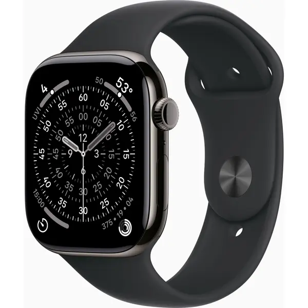 Apple Watch Series 11, GPS + Cellular, 46mm, Slate Titanium Case, Black Sport Band, S/M