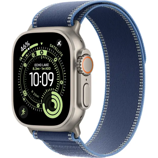Apple Watch Ultra 3, GPS + Cellular, 49mm, Natural Titanium Case, Blue/Bright Blue Trail Loop, M/L