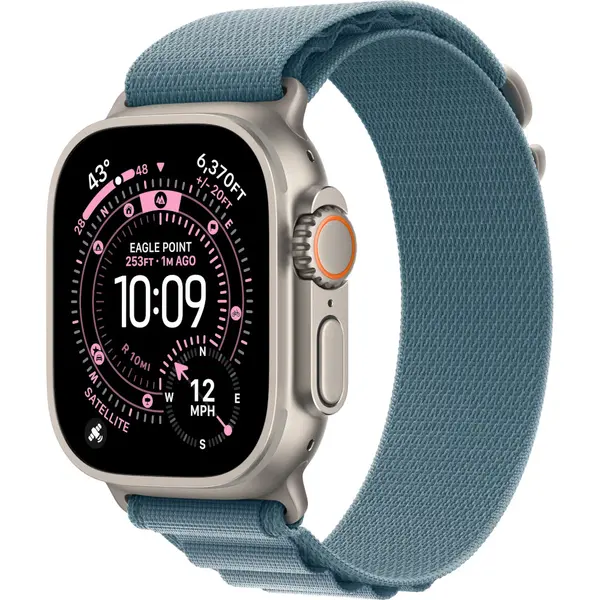 Apple Watch Ultra 3, GPS + Cellular, 49mm, Natural Titanium Case, Light Blue Alpine Loop, Small