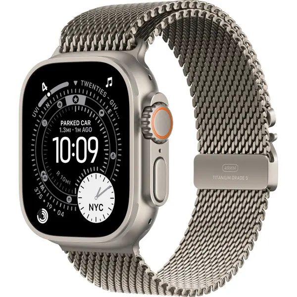 Apple Watch Ultra 3, GPS + Cellular, 49mm, Natural Titanium Case, Titanium Milanese Loop, Small