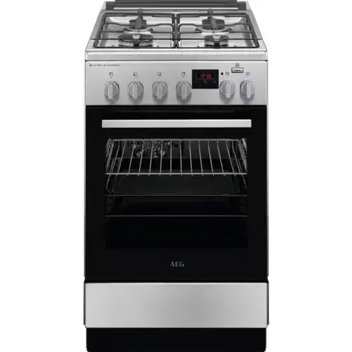 Aragaz AEG CKB56490BM, Mixt, 4 arzatoare , Siguranta plita, Aprindere integrata, Gratare fonta, Cuptor electric, SteamBake, AirFry, Timer, Grill electric, Clasa A, 50 cm (Inox antiamprenta)