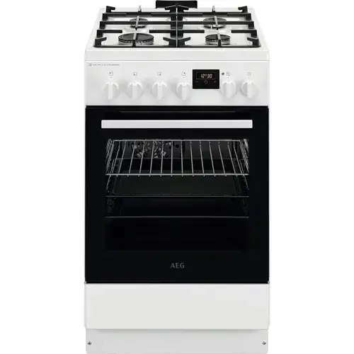 Aragaz AEG CKB56490BW, Mixt, 4 arzatoare , Siguranta plita, Aprindere integrata, Gratare fonta, Cuptor electric, SteamBake, AirFry, Timer, Grill electric, Clasa A, 50 cm (Alb)