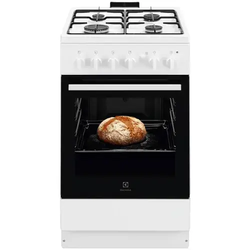 Aragaz Electrolux LKG504012W, Gaz, 4 arzatoare, Aprindere integrata plita si cuptor, Siguranta plita si cuptor, Autocuratare catalitica, Grill electric, Rotisor, 50 cm (Alb)