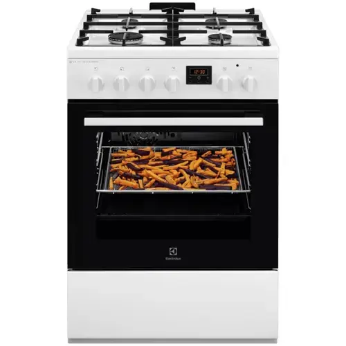 Aragaz Electrolux LKK660220W, Mixt, 4 arzatoare, Siguranta plita, Aprindere integrata, Cuptor electric, Plus Steam, AirFry, Timer, Grill electric, Clasa A, 60 cm (Alb)