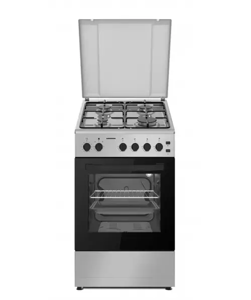 Aragaz Heinner HFSC-S60LITGSL, Gaz, 4 arzatoare, Aprindere electrica, Timer, Grill, Lumina cuptor, Duze GPL (Argintiu)