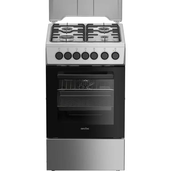 Aragaz mixt Arctic AMG5612GTCLXN, 4 arzatoare, Safety Plus, Aprindere integrata, Cuptor Electric, 8 Functii, Autocuratate Catalitica, Aqua Drop Clean, Timer, 50 cm, Clasa A, Inox