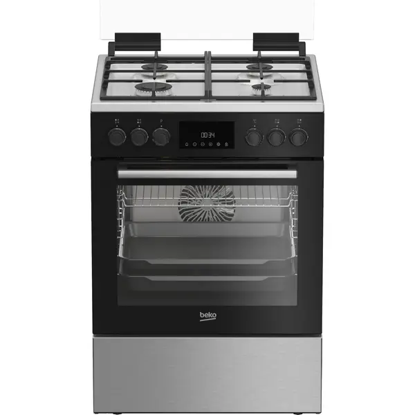 Aragaz mixt Beko FBSM62530DXMS, Gatire cu ventilare, 3D Cooking, Timer, Aprindere electrica integrata, Gratare din fonta, Autocuratare catalitica, Grill, Display LED, Clasa A