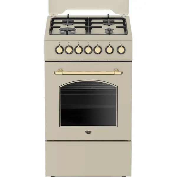Aragaz mixt Beko FSE52135DCRSN, 4 arzatoare, Timer, Gratar electric, SteamShine, L 50 cm, Clasa A, Crem