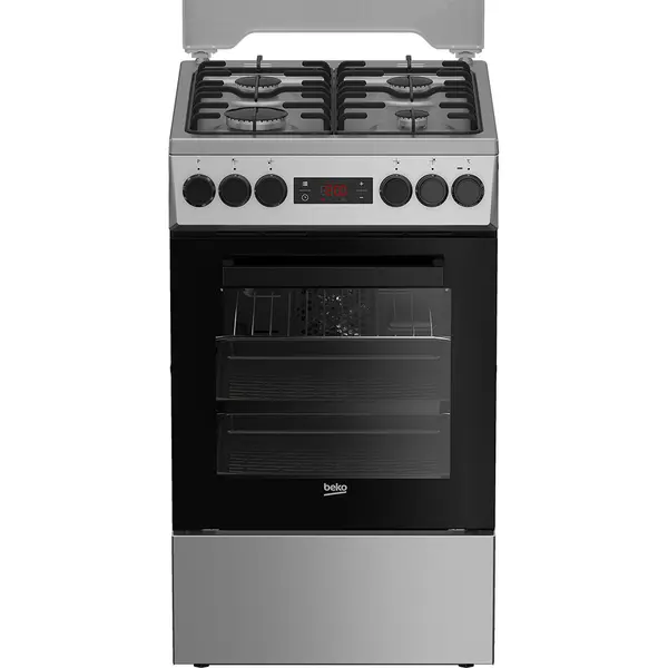 Aragaz mixt Beko FSMT52320DXON, 4 arzatoare, Aprindere electrica, 8 functii, Iluminare cuptor, Grill, Rotisor, Timer, 3D Cooking, Inox, Clasa A