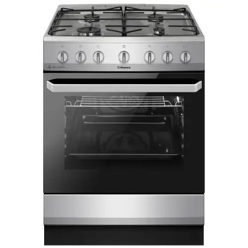 Aragaz mixt Hansa FCMX6810092, Cuptor electric, 60 cm, 4 arzatoare, programator, 8 functii, Grill, Ventilator, Aprindere electrica, Siguranta, sertar depozitare, Fara capac, 62 L, Clasa A (Argintiu)