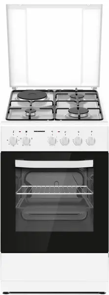 Aragaz mixt HEINNER HFSC-S56E1HSWH, 3 arzatoare gaz + 1 plita electrica, Aprindere electrica arzatoare, Cuptor electric, Clasa A, Grill, 50x60 cm (Alb)