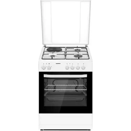 Aragaz mixt Heinner HFSC-S60E1HSWH, 3 arzatoare gaz + 1 plita electrica, aprindere electrica arzatoare, Cuptor electric, Clasa A, Grill, 60x60cm (Alb)