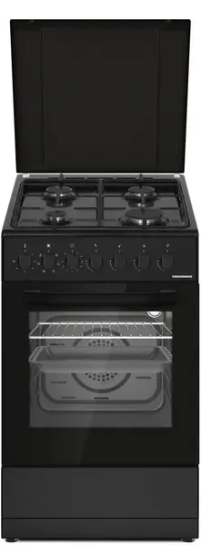 Aragaz mixt HEINNER HFSC-S60LITGC-BK, Gaz, 4 arzatoare, Aprindere electrica plita, Cuptor electric, Clasa A, 6 functii, Grill, Ventilatie, Lumina cuptor (Negru)