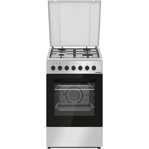 Aragaz mixt Heinner HFSC-S60LITGC-SL, 4 arzatoare, Aprindere electrica plita, Cuptor electric, Clasa A, Timer, Grill, Ventilatie, Sertar inferior vase, 50x60 cm (Argintiu)
