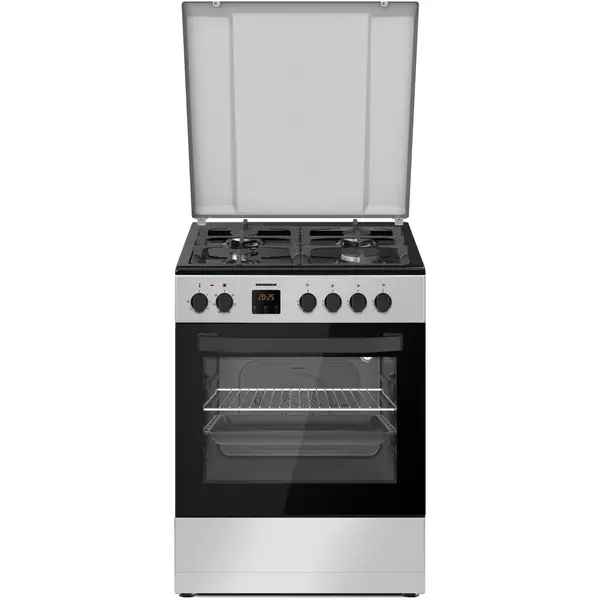 Aragaz mixt Heinner HFSC-S66FDC-BIX, 4 arzatoare, Clasa A, Timer digital, Lumina cuptor, Gratar cromat, Culoare Inox