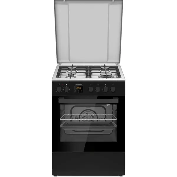 Aragaz mixt Heinner HFSC-S66FDCC-IBK, 4 arzatoare, Clasa A, Timer digital, Lumina cuptor, Gratar fonta, Negru