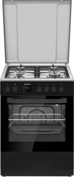 Aragaz mixt HEINNER HFSC-S66FDCC-IBK, Gaz + Electric, 4 arzatoare, Clasa A, 6 functii, Grill, Autocuratare catalitica (Negru)