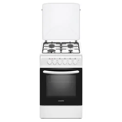 Aragaz Nobeltek NLT 5604A/E1, plita gaz si cuptor electric, ventilator, aprindere electrica plita, siguranta plita, iluminare cuptor, echipat cu diuze GN, diuze GPL de schimb, capac tabla (Alb)