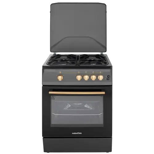 Aragaz Nobeltek NLT 6603NM/FG1, 60x60cm, Plita si cuptor gaz, Grill, Aprindere electrica, Iluminare cuptor, Gratare din fonta, echipat cu diuze GPL, diuze GN de schimb, capac tabla (Negru mat)