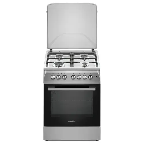 Aragaz Nobeltek NLT 6604IX/FE1, plita gaz si cuptor electric, aprindere electrica plita, gratare fonta, iluminare cuptor, timer, echipat cu diuze GN, diuze GPL de schimb, capac tabla (Argintiu)