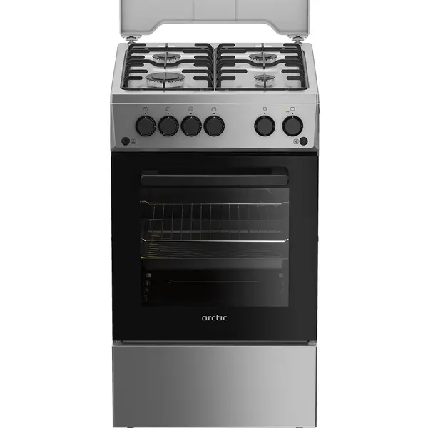 Aragaz pe gaz Arctic AGG5611DTTLXN, 4 arzatoare, Iluminare cuptor, Aprindere electrica plita/cuptor, Safety Plus, Grill, Rotisor, Timer, Arzatoare cu eficienta ridicata, 50 cm, Dispozitiv de siguranta, Inox