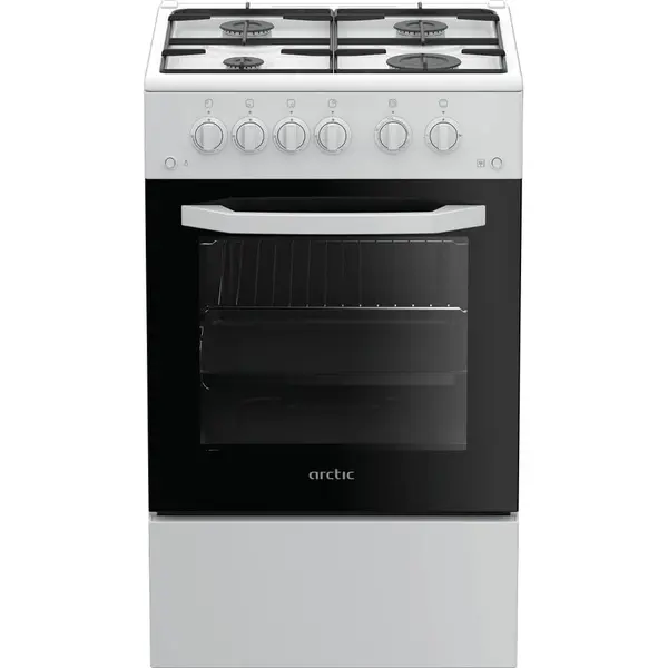 Aragaz pe Gaz Arctic AGM5511DTTL, Grill, 4 arzatoare, Aprindere electrica plita/cuptor, Safety Plus, Grill, Timer, Arzatoare cu eficienta ridicata, 50 cm, Alb
