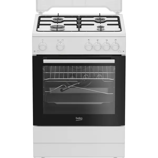 Aragaz pe gaz Beko FBGT62110GWO, 4 arzatoare, Timer, Iluminare cuptor, Siguranta flacara, Safety Plus, Aprindere electrica plita/cuptor, Grill gaz, Arzatoare cu eficienta ridicata, Alb