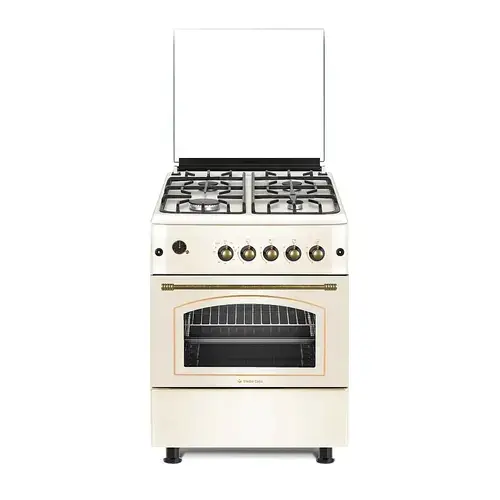 Aragaz rustic Studio Casa SIERRA VIVA, Gaz, 4 arzatoare, Cuptor pe gaz, 60x60cm, Rotisor, Grill gaz, Ventilatie Turbo, gratare fonta (Crem)