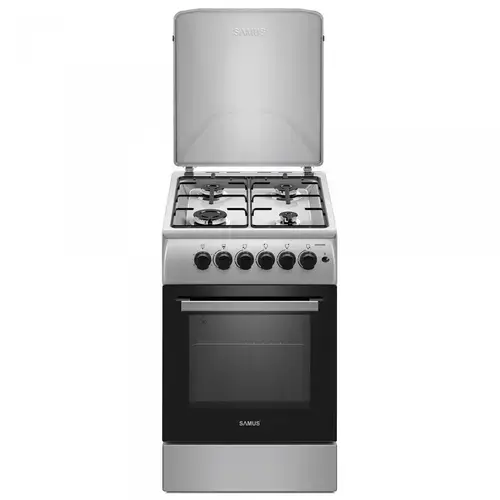 Aragaz Samus SM561XPBS, 4 Arzatoare gaz, Cuptor gaz, Aprindere electrica plita, Timer, Sigurante plita si cuptor, Inox/ Argintiu