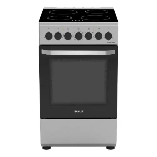 Aragaz Samus SM568VME, 60 l, 7 functii, Clasa A, Lumina interioara, Timer mecanic, 4 zone de gatit vitroceramice, Cuptor cu 7 functii (Inox)