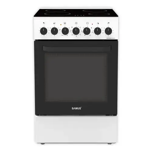 Aragaz Samus SM668VME, Electric, 4 zone de gatit vitroceramice, 60 l, Timer mecanic, Termostat reglabil, 7 functii cuptor (Alb)