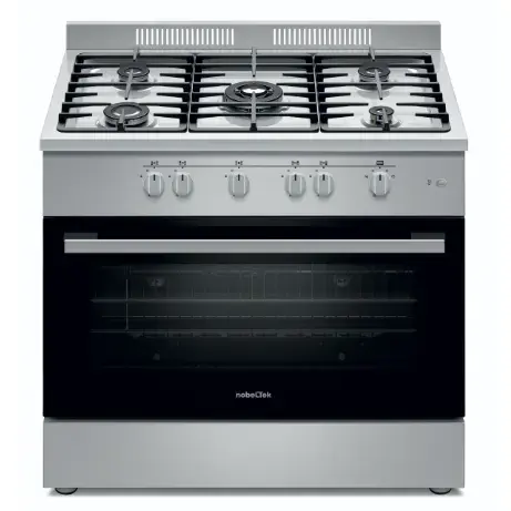 Aragaz semi-profesional Nobeltek, 60x90cm, plta gaz cu 5 ochiuri(arzator mare triplu), cuptor gaz (102l), aprindere electrica, grill, iluminare cuptor, rotisor, echipat cu diuze GN, diuze GPL de schimb, gratare fonta (Inox)