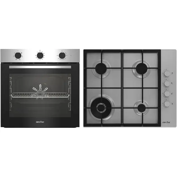 Arctic Pachet Cuptor incorporabil Arctic ARSE11130XD, 71 l, Electric, 6 functii, AquaDropClean, Grill, Timer, Clasa A + Plita incorporabila, Gaz, 4 Arzatoare, Aprindere electrica, Wok, 60 cm, Inox
