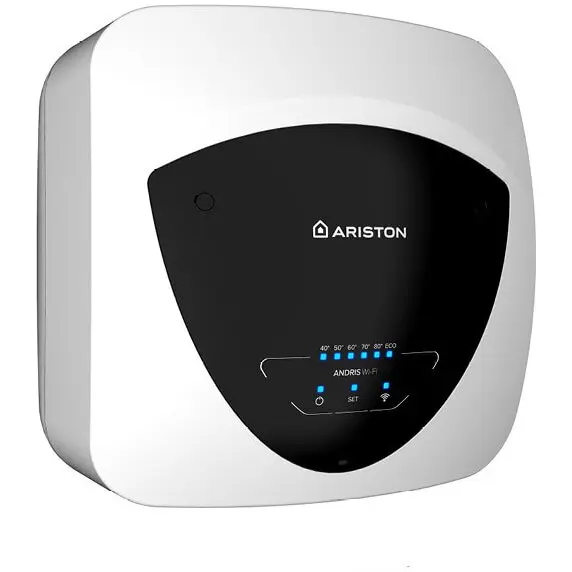 Ariston Boiler electric Ariston Andris Elite WiFi 10/5 EU, 10l, 1200W, butoane soft touch, control vocal, clasa energetica A, Montare deasupra chiuvetei, 360x360x298mm, Alb