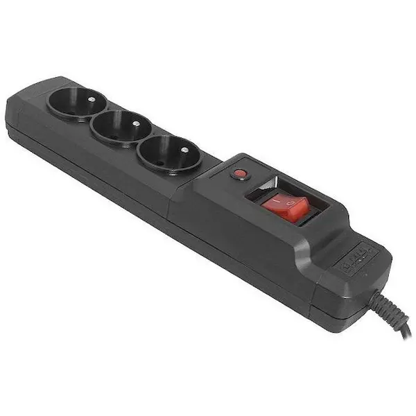 Armac Prelungitor cu buton on/off, Plastic, 230V, 3 prize, Cablu 1.5 m, Negru