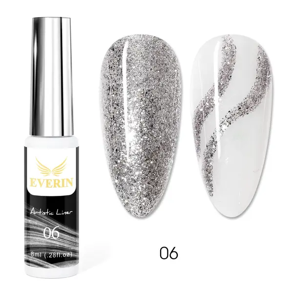 Artistic Liner Gel EVERIN 8ml – 06 | Gel liner argintiu cu sclipici pentru nail art și contururi fine