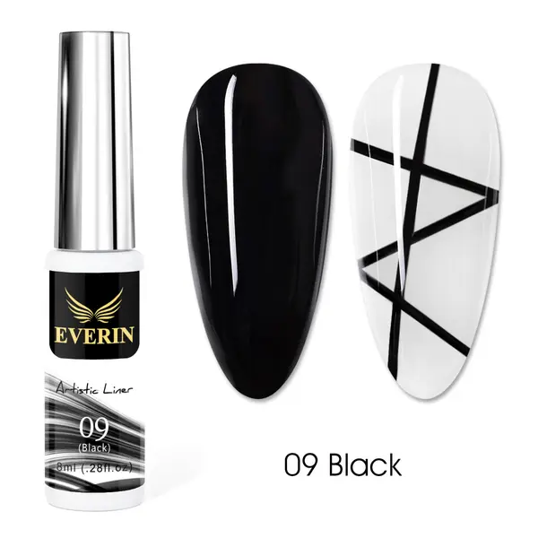 Artistic Liner Gel EVERIN 8ml – 09 | Gel liner negru intens pentru contururi precise și nail art profesional