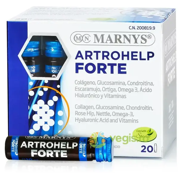 Artrohelp Forte - Colagen Hidrolizat Enzimatic, Glucozamina, Condroitina, Acid Hialuronic si 7 Ingrediente pentru Articulatii, Tendoane, Cartilaje, Ligamente 20 fiole