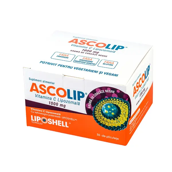 ASCOLIP, Vitamina C Lipozomală 1000 mg, cu aromă de coacăze, 30 plicuri, LIPOSHELL®