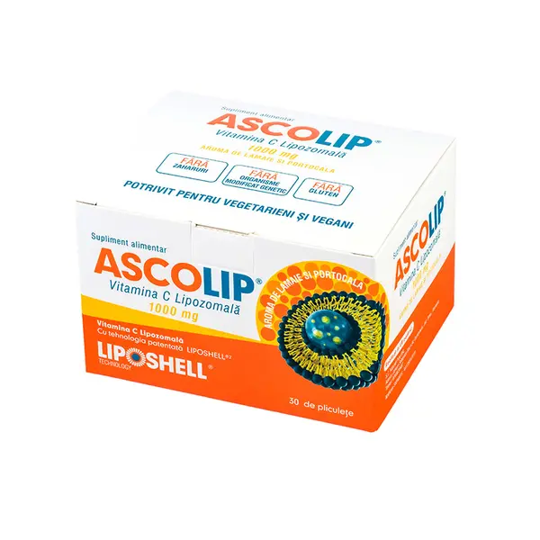 ASCOLIP, Vitamina C Lipozomală 1000 mg, cu aromă de portocale, 30 plicuri, LIPOSHELL®